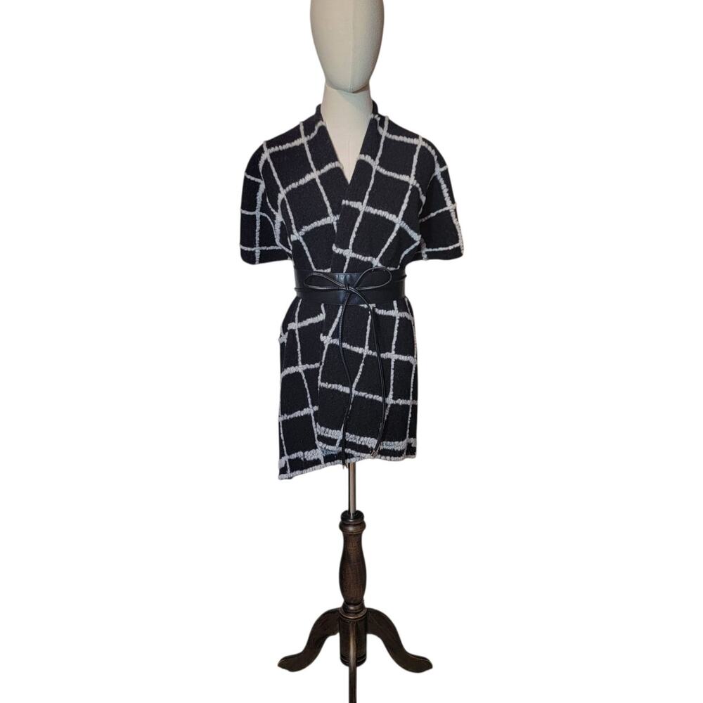 Iperico Black White Windowpane Check Wool Poncho One Size Italy Classic Cozy - Picture 3 of 11